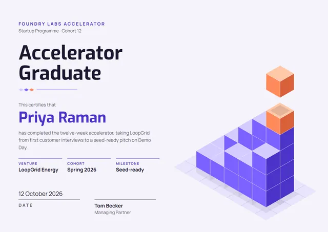 Purple Geometric Startup Programme Certificate template, A4 landscape, in purple