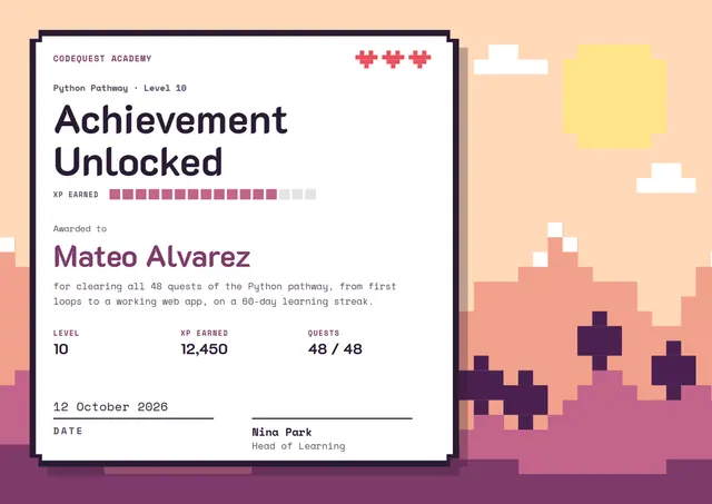 Coral Crown Certificate of Achievement template, A4 landscape, in coral