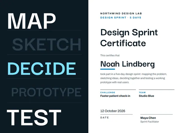 Midnight Banded Design Sprint Certificate template, A4 landscape, in midnight blue