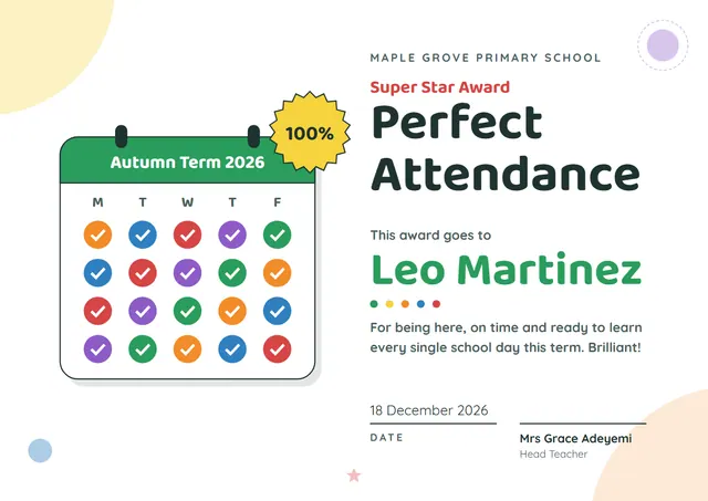 Jade Starry Perfect Attendance Award template, A4 landscape, in jade