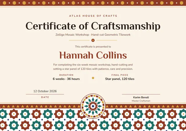 Brick Red Rosette Craft Workshop Certificate template, A4 landscape, in brick red