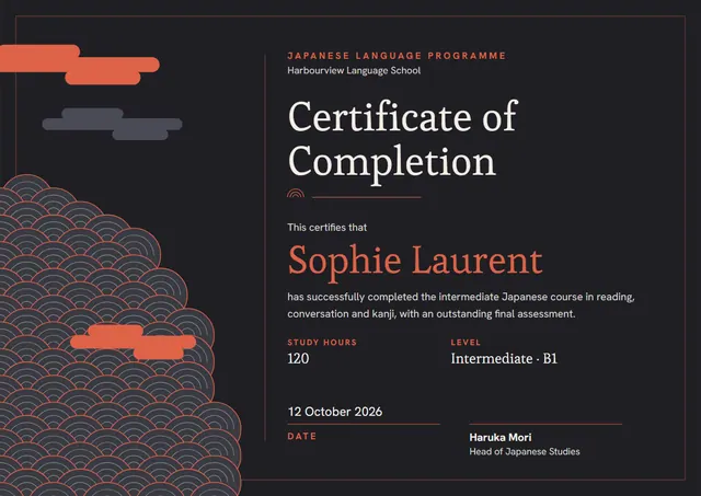 Coral Wave Language Course Certificate template, A4 landscape, in coral
