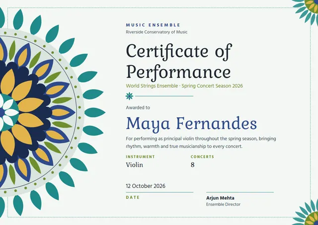 Turquoise Floral Music Ensemble Certificate template, A4 landscape, in turquoise