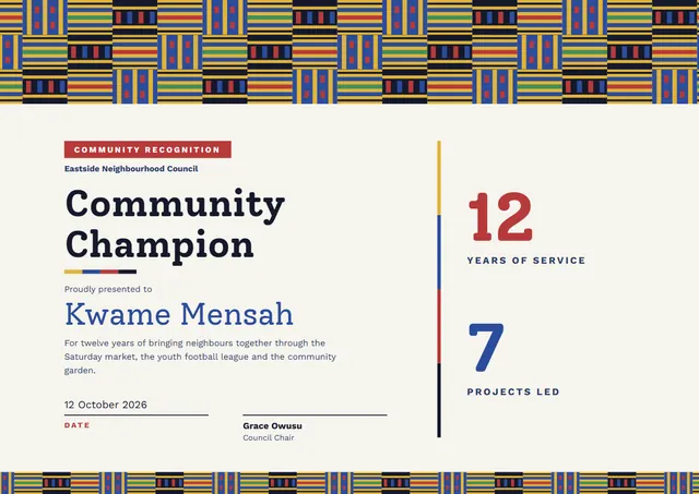 Steel Blue Wave Community Recognition Award template, A4 landscape, in steel blue