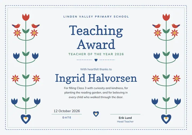 Ocean Blue Leafy Teaching Award template, A4 landscape, in ocean blue