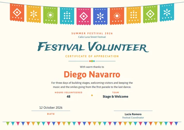 Ocean Blue Pennant Festival Volunteer Certificate template, A4 landscape, in ocean blue