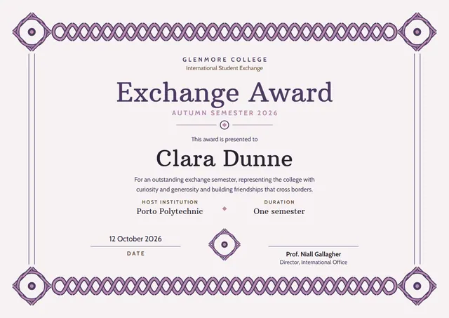 Plum Double-Border Exchange Award template, A4 landscape, in plum