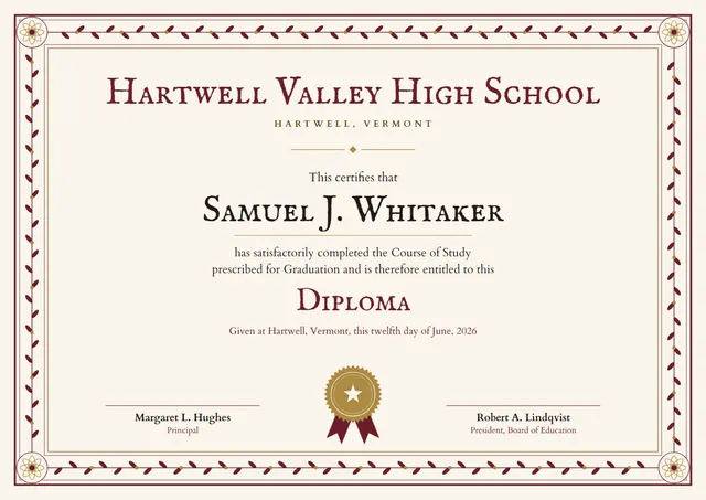 Burgundy Rosette High School Diploma template, A4 landscape, in burgundy