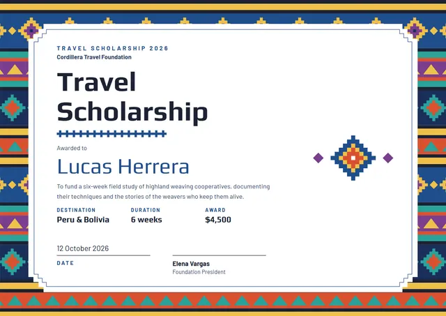 Sunshine Yellow Geometric Travel Scholarship Award template, A4 landscape, in sunshine yellow
