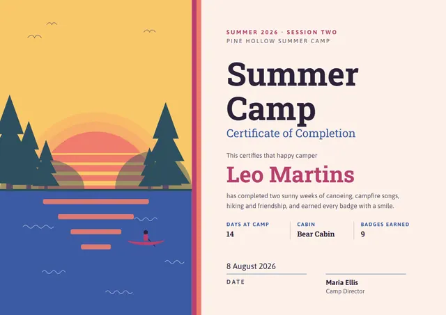 Sunshine Yellow Sunburst Summer Camp Completion Certificate template, A4 landscape, in sunshine yellow
