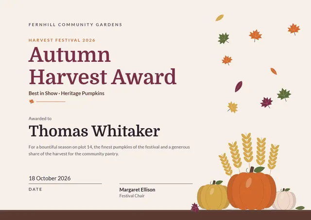 Burgundy Leafy Autumn Harvest Award template, A4 landscape, in burgundy