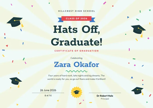 Sunshine Yellow Tassel Graduation Season Certificate template, A4 landscape, in sunshine yellow