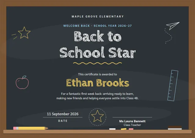 Bronze Sunburst Back to School Certificate template, A4 landscape, in bronze