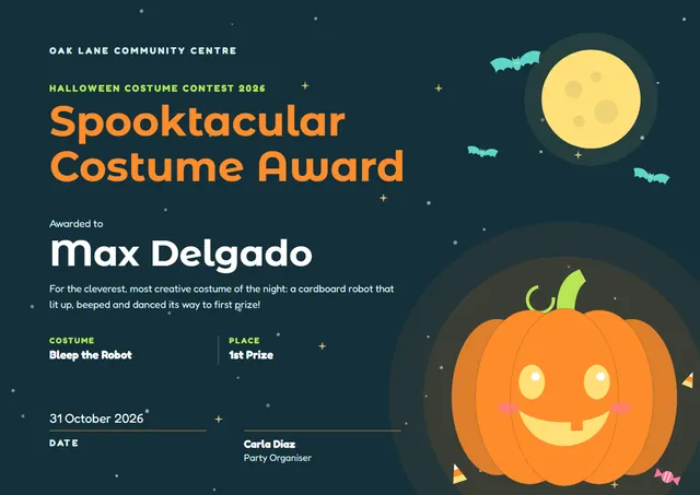 Orange Moonlit Halloween Costume Contest Certificate template, A4 landscape, in orange