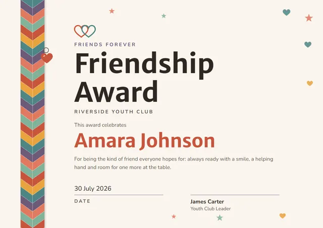 Terracotta Starry Friendship Award template, A4 landscape, in terracotta