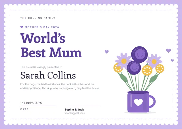 Purple Floral World's Best Mum Certificate template, A4 landscape, in purple
