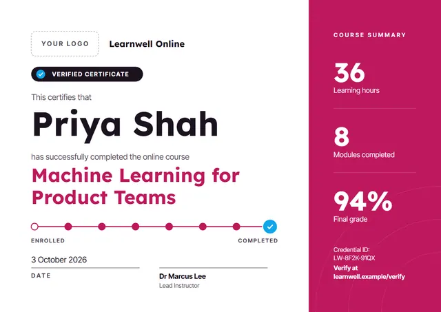 Fuchsia Badge Online Course Certificate template, A4 landscape, in fuchsia