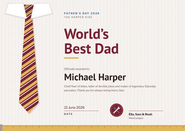 Burgundy Badge World's Best Dad Certificate template, A4 landscape, in burgundy