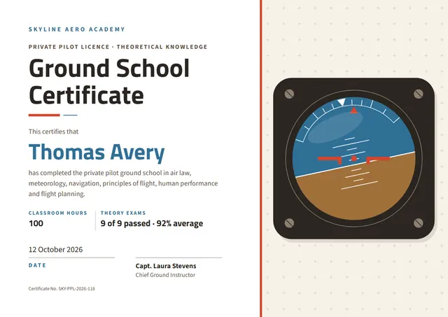 Ocean Blue Cloud Private Pilot Ground School Certificate template, A4 landscape, in ocean blue