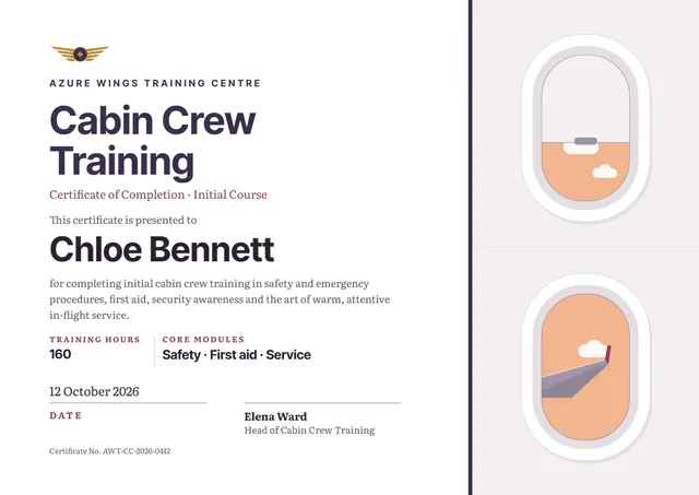 Orange Wave Cabin Crew Training Certificate template, A4 landscape, in orange