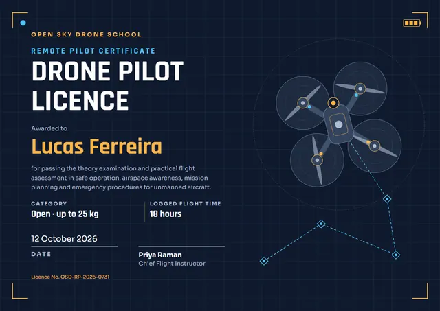 Midnight Modern Drone Pilot Certificate template, A4 landscape, in midnight blue
