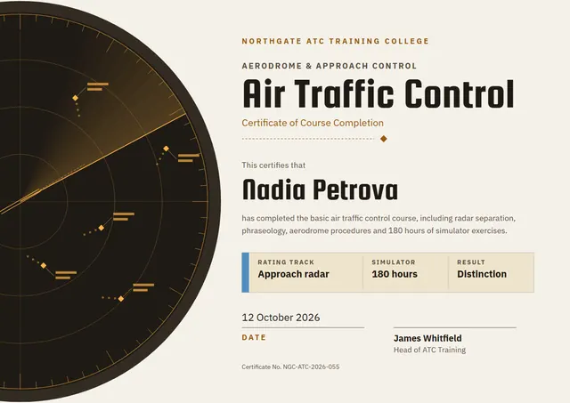 Chocolate Modern Air Traffic Control Course Certificate template, A4 landscape, in chocolate