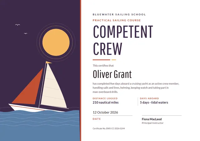 Charcoal Sunburst Sailing Crew Certificate template, A4 landscape, in charcoal grey