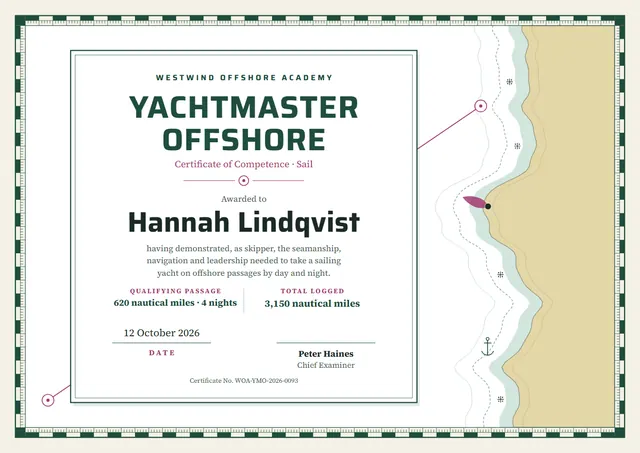 Forest Green Wave Yachtmaster Certificate template, A4 landscape, in forest green
