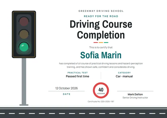 Teal Bordered Driving School Completion Certificate template, A4 landscape, in teal