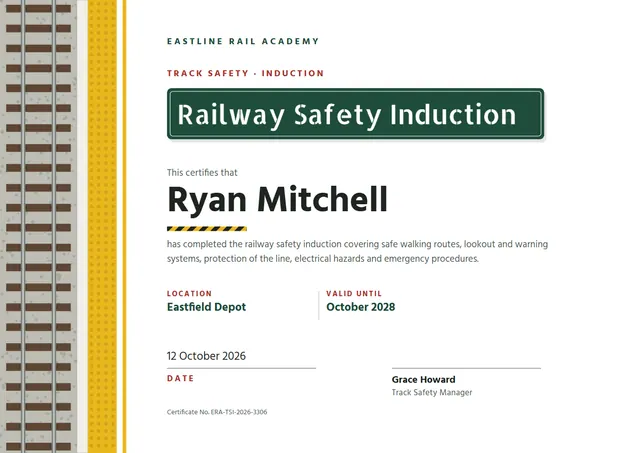 Forest Green Chart Railway Safety Induction Certificate template, A4 landscape, in forest green