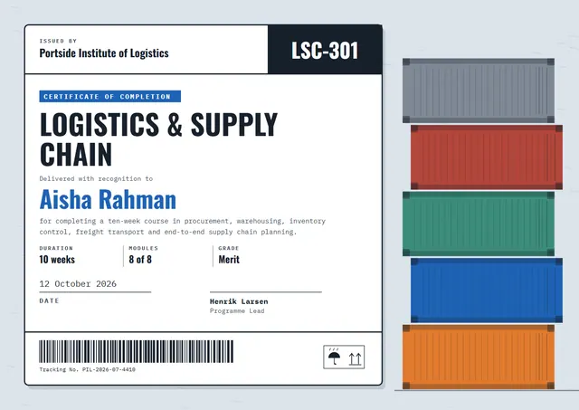 Midnight Ticket Logistics & Supply Chain Course Certificate template, A4 landscape, in midnight blue