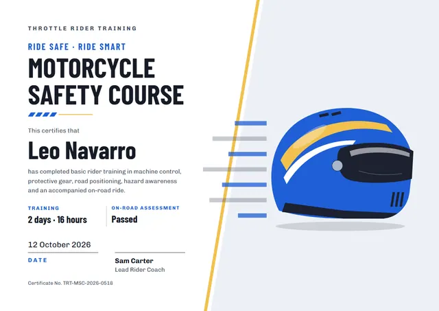 Sunshine Yellow Crown Motorcycle Safety Course Certificate template, A4 landscape, in sunshine yellow