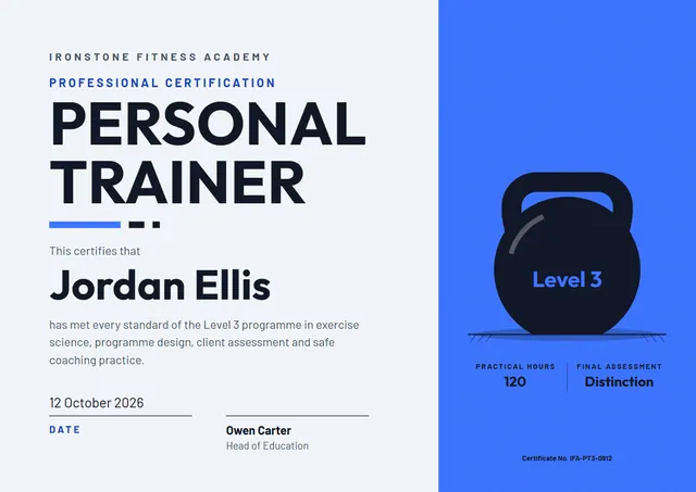 Royal Blue Geometric Personal Trainer Certificate template, A4 landscape, in royal blue