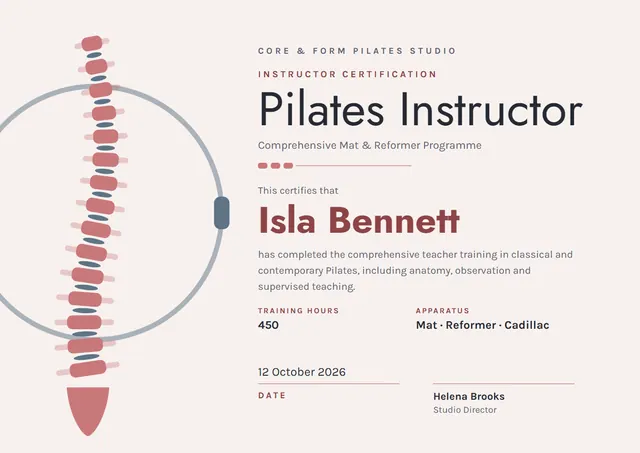 Brick Red Modern Pilates Instructor Certificate template, A4 landscape, in brick red