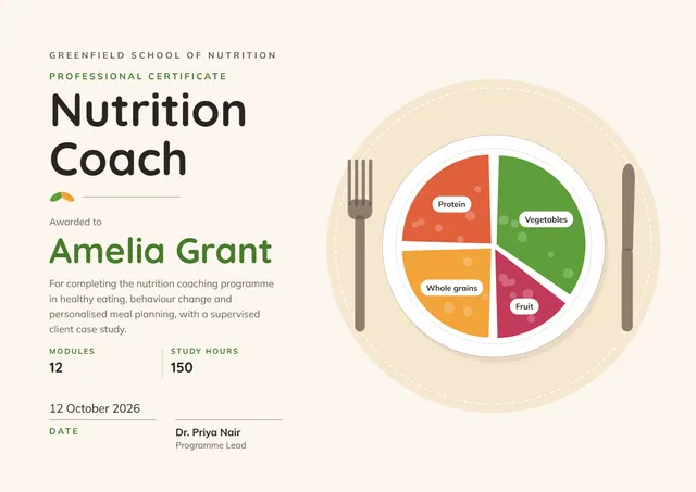 Olive Leafy Nutrition Coach Certificate template, A4 landscape, in olive
