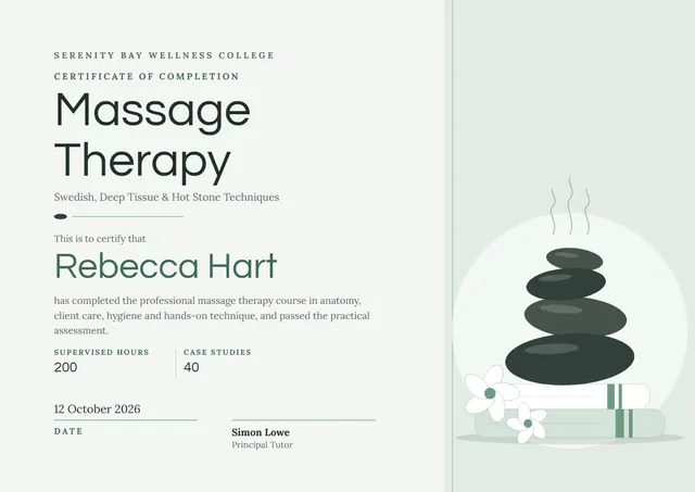Jade Floral Massage Therapy Course Certificate template, A4 landscape, in jade