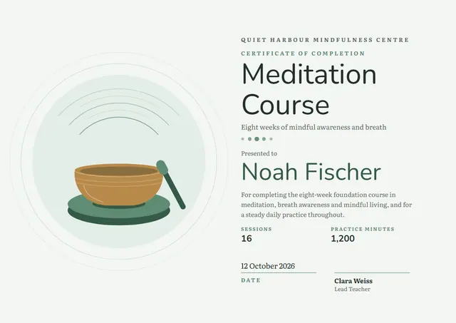 Emerald Wave Meditation Course Certificate template, A4 landscape, in emerald