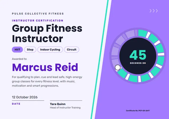 Lavender Geometric Group Fitness Instructor Certificate template, A4 landscape, in lavender