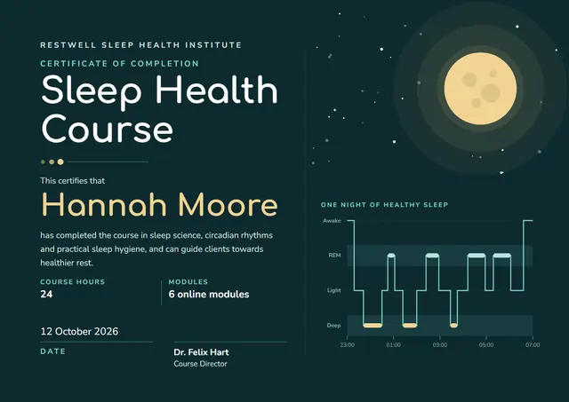 Midnight Moonlit Sleep Health Course Certificate template, A4 landscape, in midnight blue