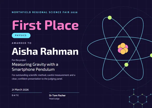 Midnight Orbit Science Fair Certificate template, A4 landscape, in midnight blue