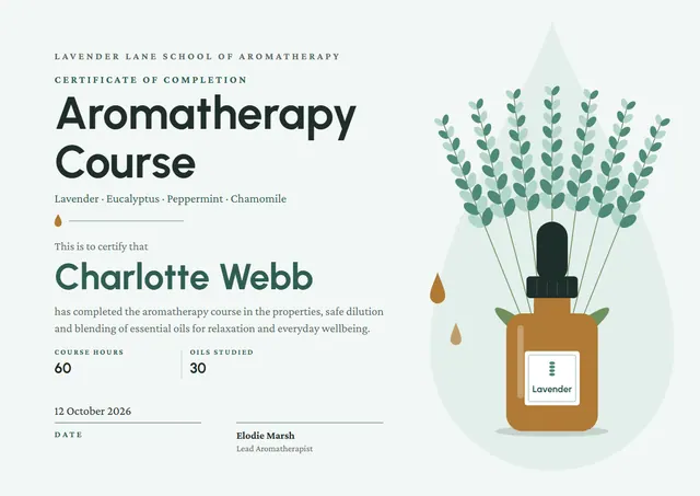 Forest Green Leafy Aromatherapy Course Certificate template, A4 landscape, in forest green