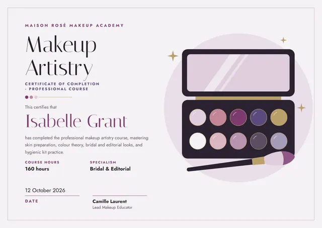 Plum Starry Makeup Artist Course Certificate template, A4 landscape, in plum