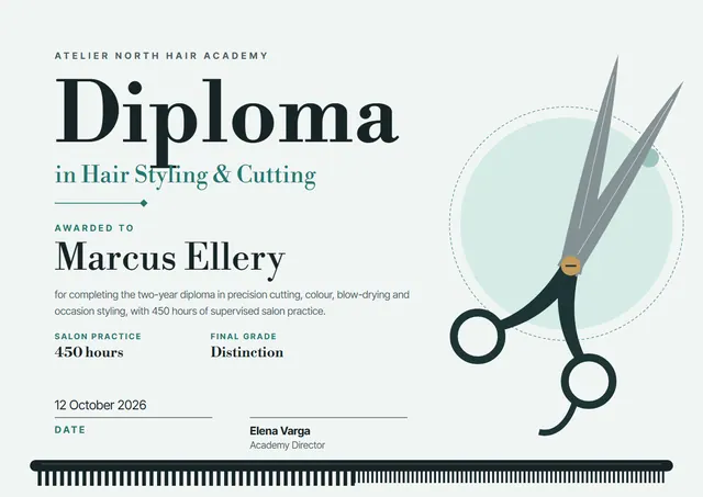 Teal Classic Hair Styling Diploma template, A4 landscape, in teal