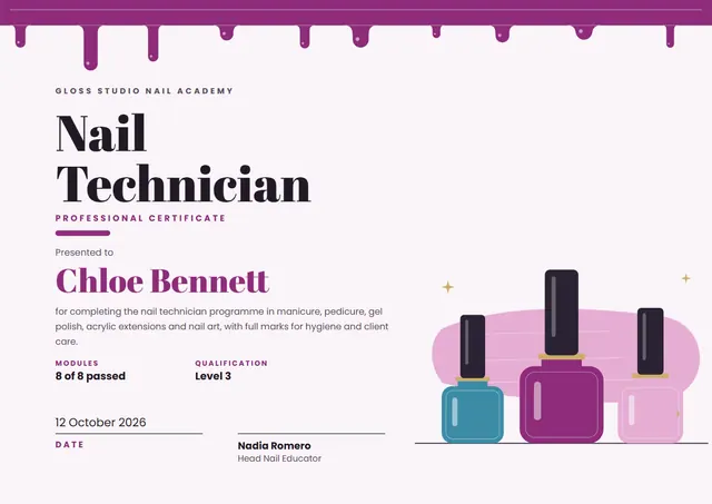 Plum Bookish Nail Technician Certificate template, A4 landscape, in plum