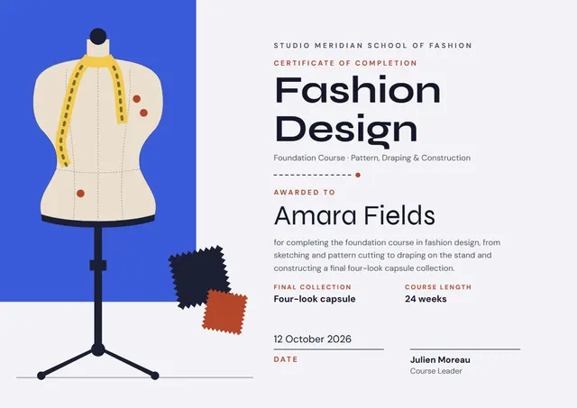 Royal Blue Wave Fashion Design Course Certificate template, A4 landscape, in royal blue