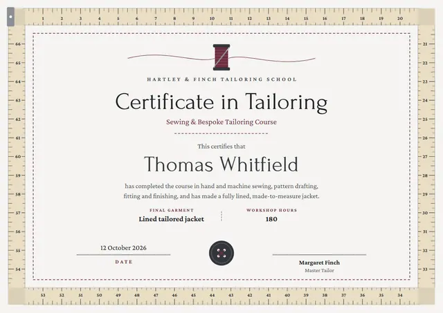 Burgundy Classic Sewing & Tailoring Certificate template, A4 landscape, in burgundy