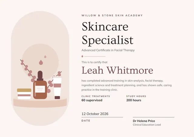 Brick Red Sunburst Skincare Specialist Certificate template, A4 landscape, in brick red