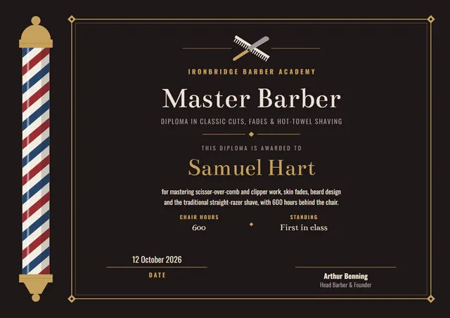 Gold Ornate Barber Academy Certificate template, A4 landscape, in gold