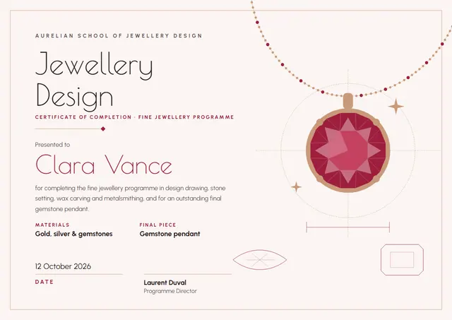 Crimson Starry Jewellery Design Certificate template, A4 landscape, in crimson