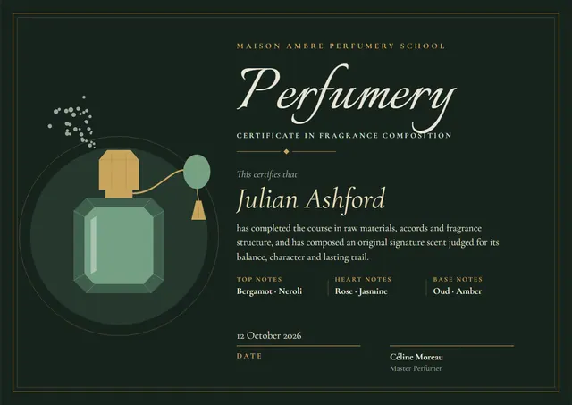Forest Green Double-Border Perfumery Course Certificate template, A4 landscape, in forest green
